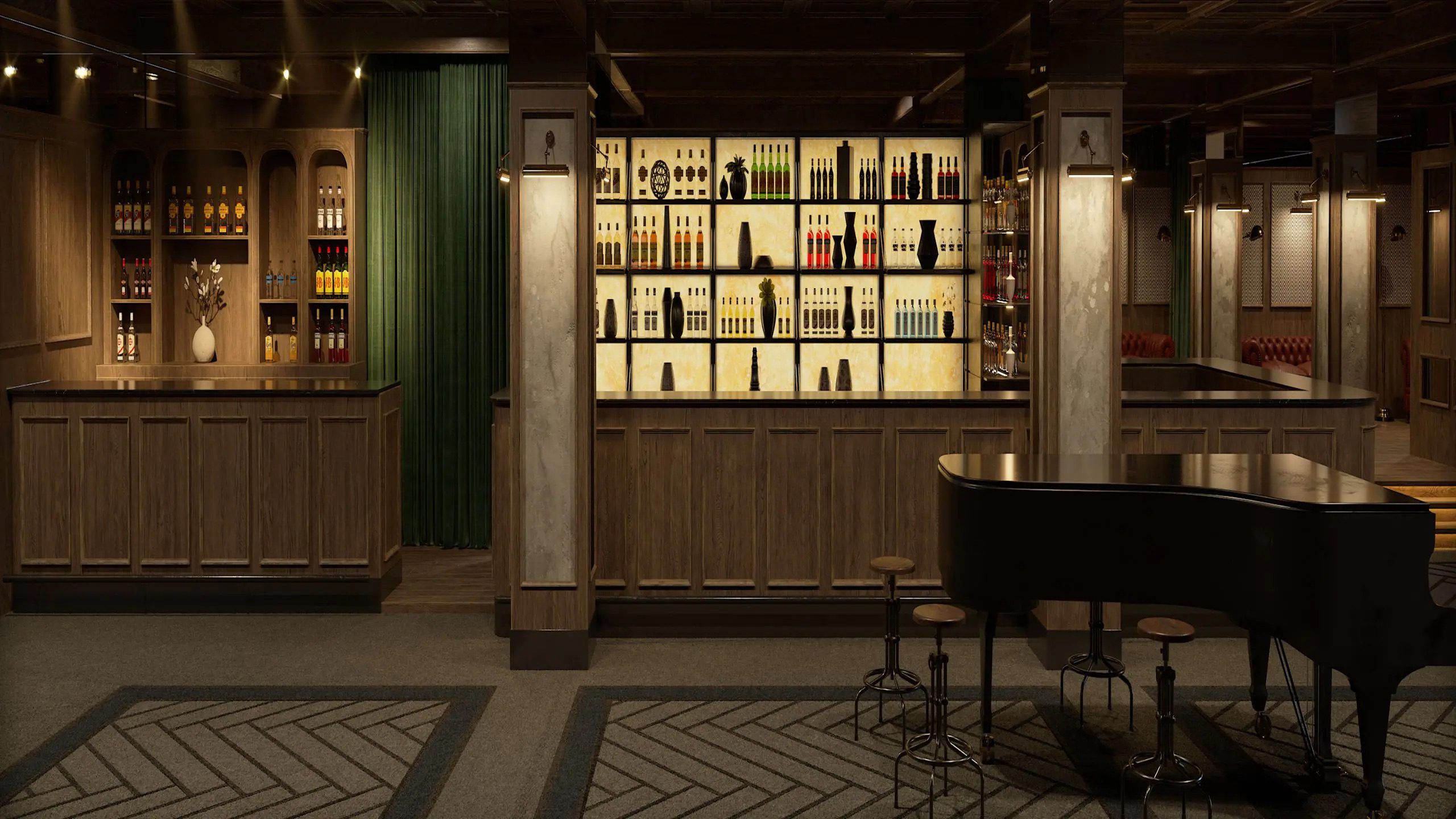 Bar area with a grand piano and stools at the entrance of the dining area at the Thompson Hotel in Madrid.