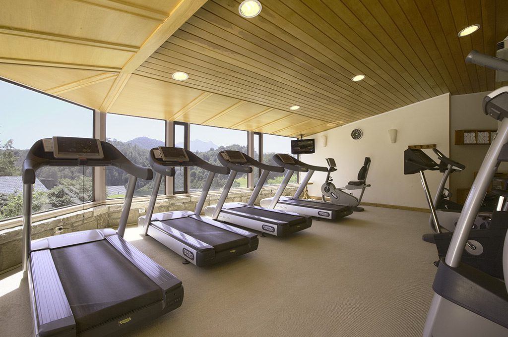 A luxury gym with a variety of machines, complete with inspiring views of Bariloche.