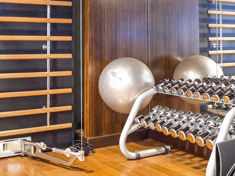 A corner of the well-equipped gym in the luxury hotel featuring a rack of dumbbells and an exercise ball.