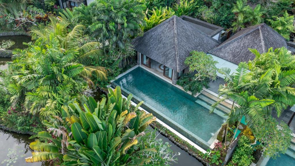 Aerial shot showing a part of the luxury resort and a private pool surrounded by lush greenery and trees.