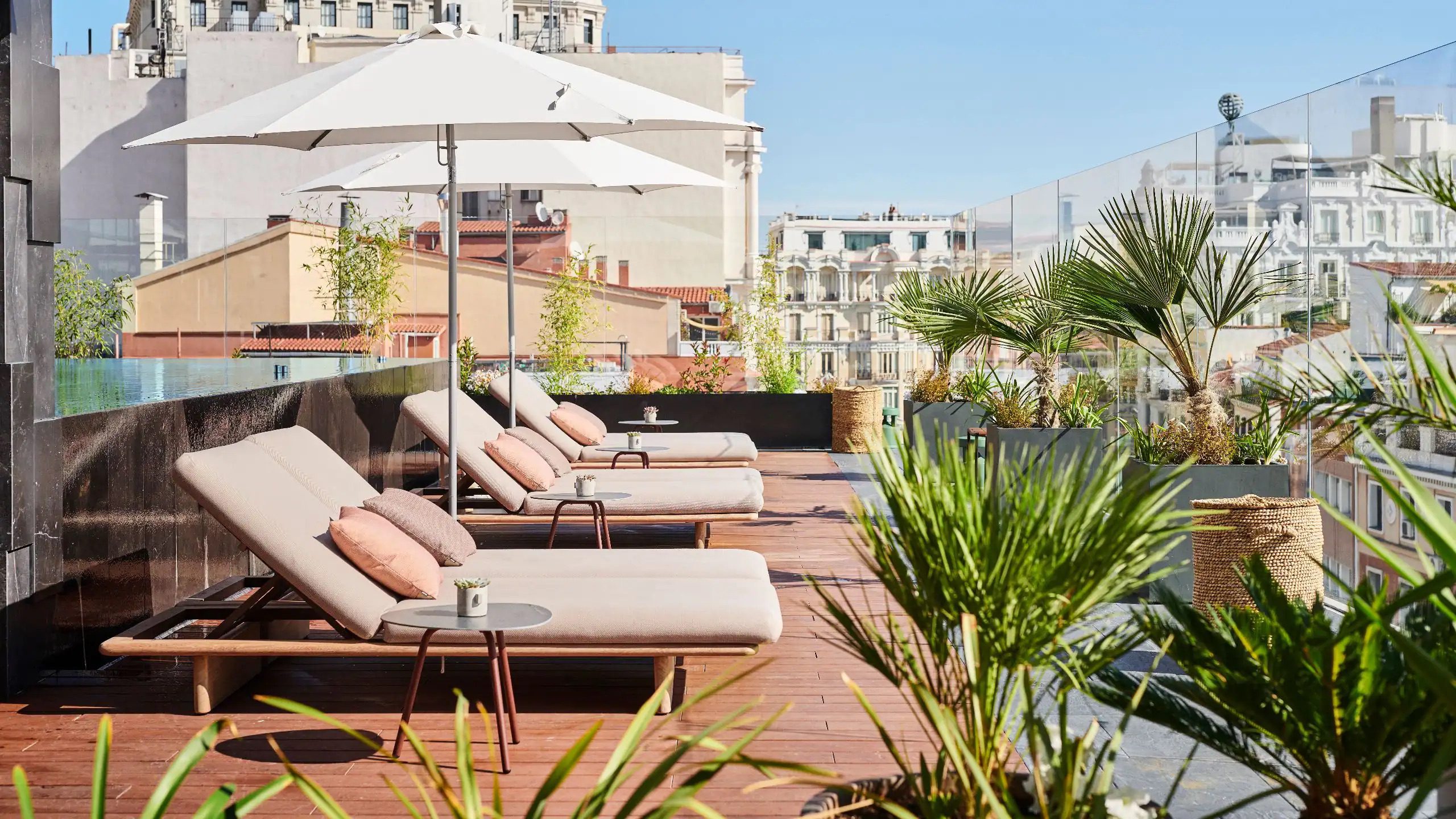 Sun loungers with sun parasols next to the infinity pool at the Thompson Hotel in Madrid