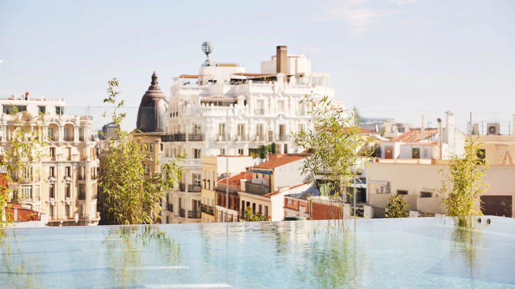 View from the infinity pool at the Thompson Hotel Madrid Spain over Madrid skyline