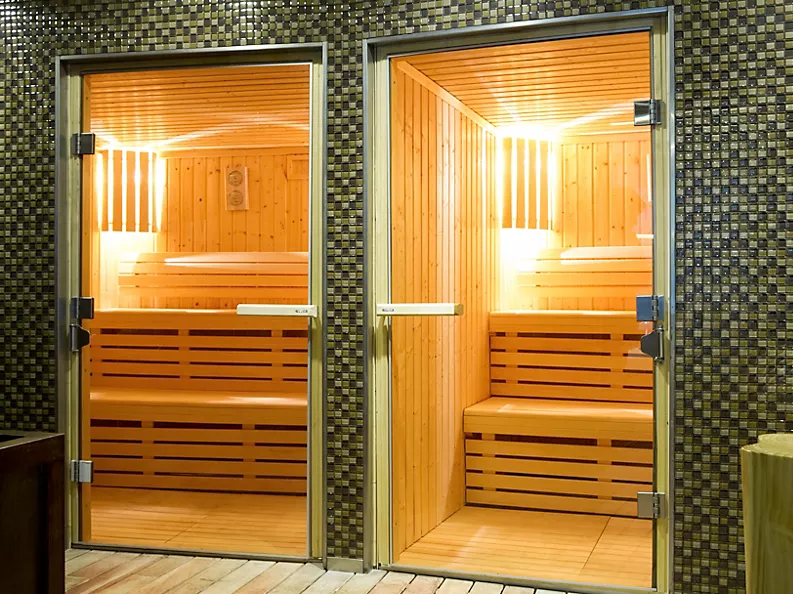 Two entrances to two sauna rooms in the luxury hotel spa.