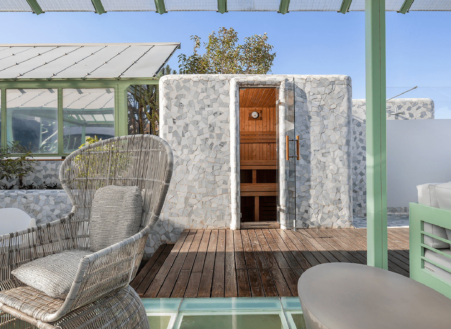 A sauna on the luxury terrace at El Palauet Hotel.