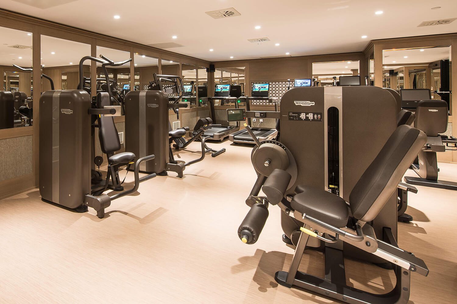 A well-equipped gym with a variety of machines.