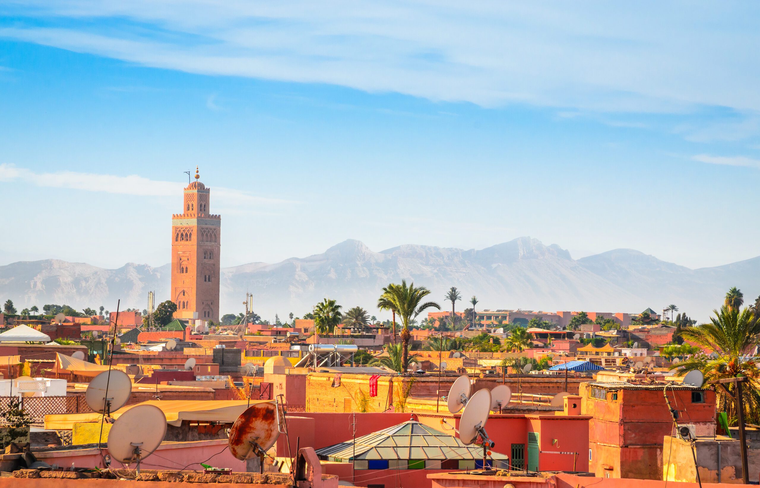 A panoramic view of Marrakech's skyline with a view of the Atlas Mountains in the distance.