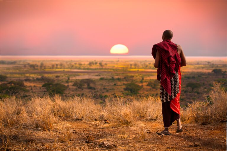 Masai man overlooks Serengeti at sunset, wild grass foreground.