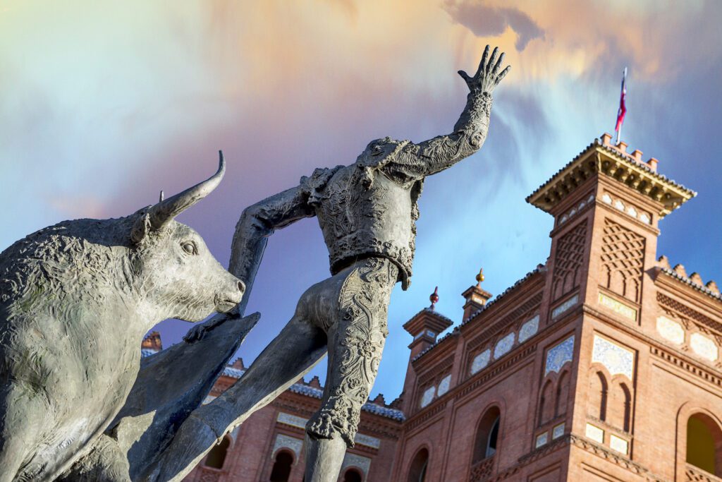 Madrid Landmark. Bullfighter sculpture in front of Bullfighting arena Plaza de Toros de Las Ventas in Madrid, a touristic sightseeing of Spain.