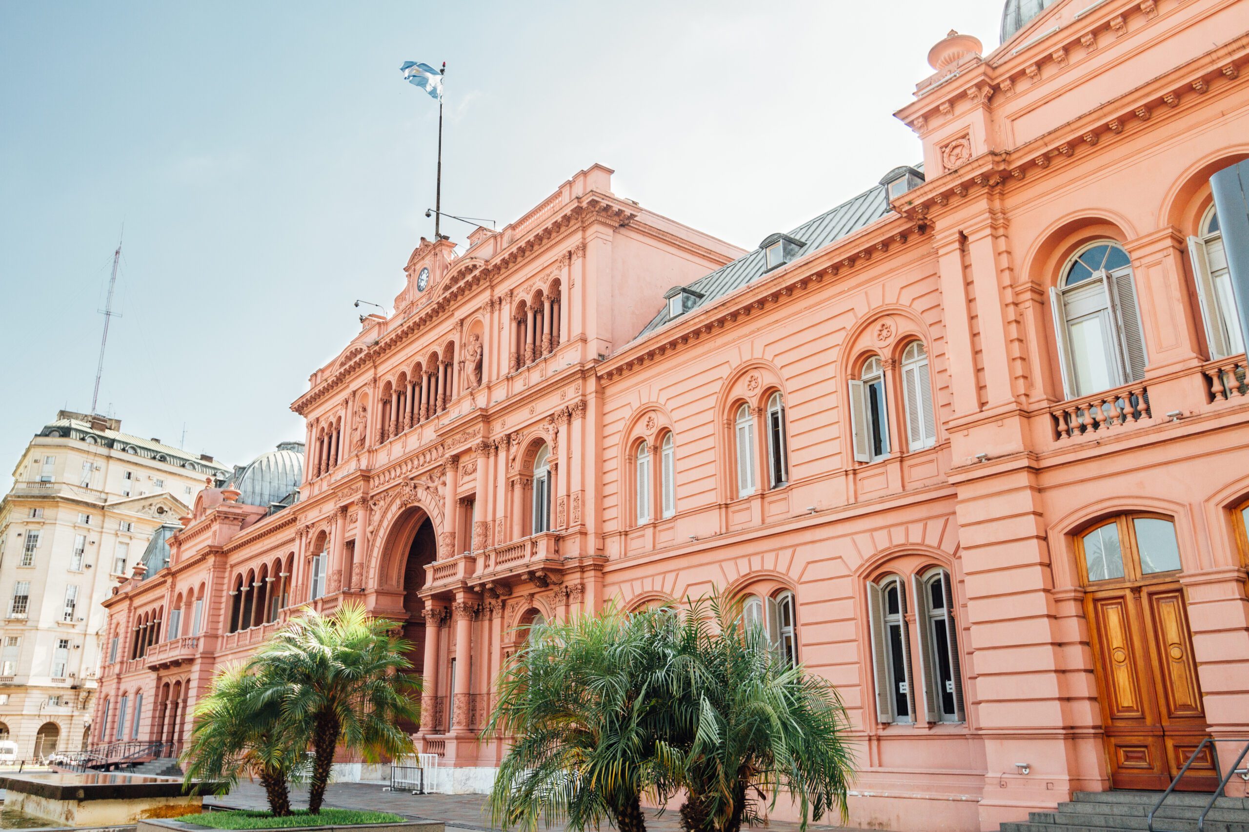 A view of the Casa Rosada's entranc. The presidential palace in Buenos Aires, known for its incredible pink exterior.