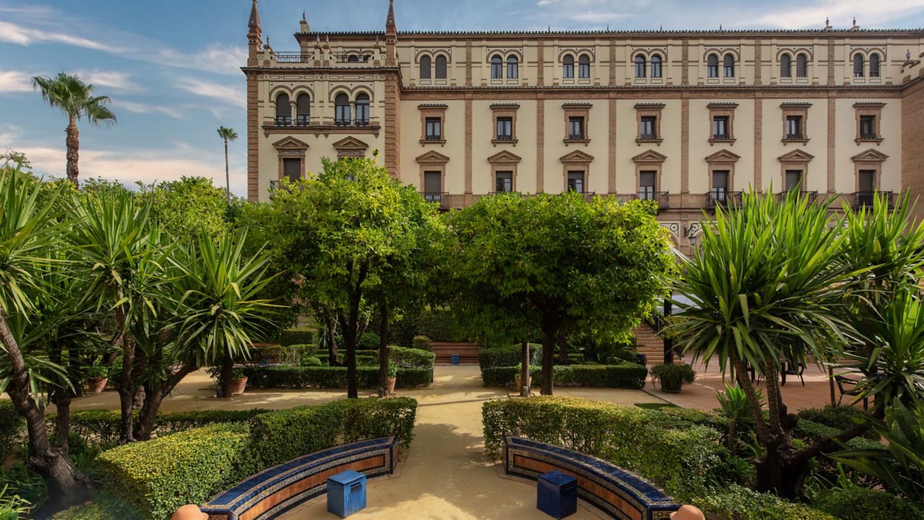 The gardens outside the luxury Hotel Alfonso XIII, great for the solo female traveller to walk and relax.