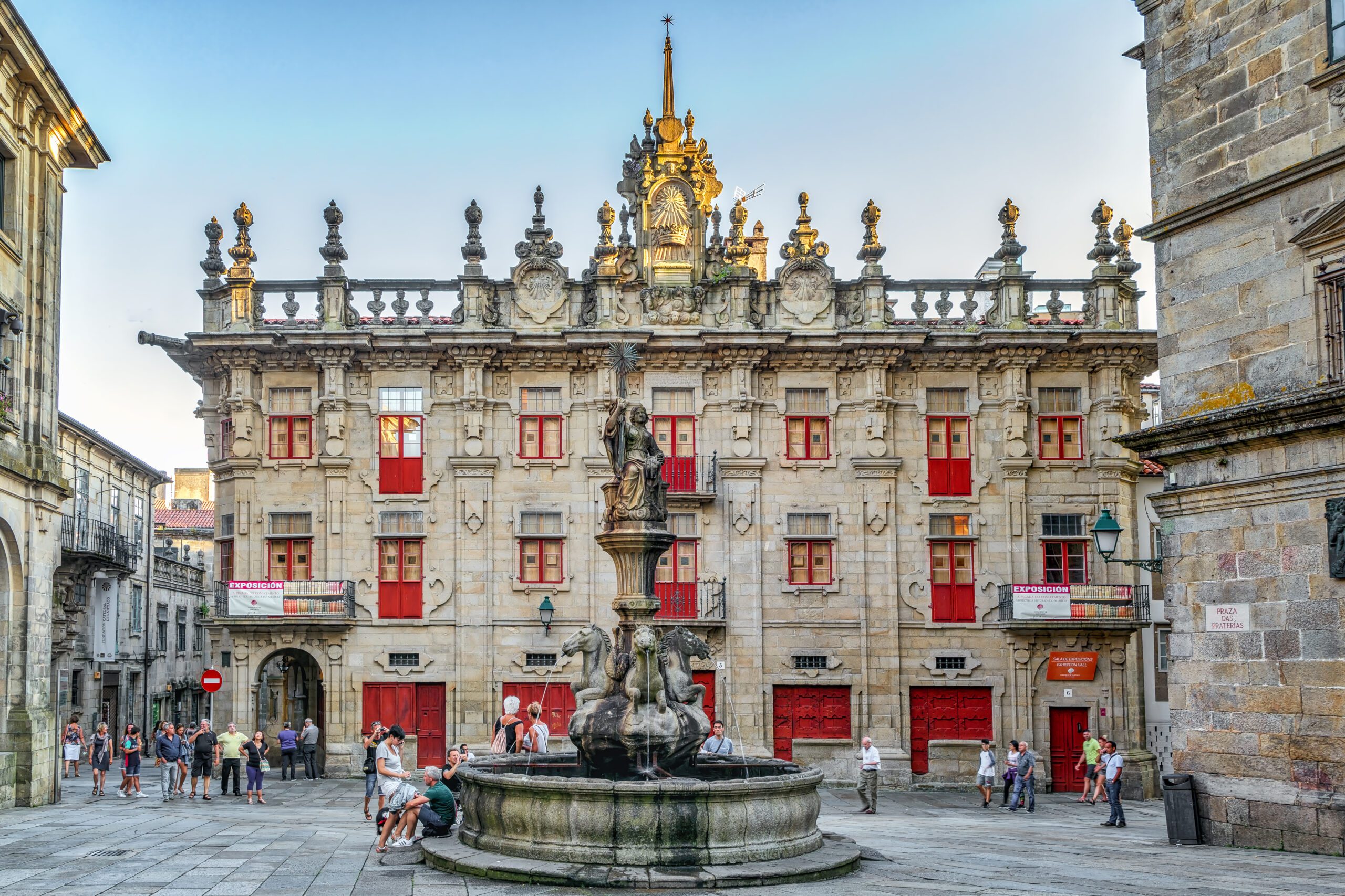 View of Casa do Cabildo house in Praterias square in old town Santiago de Compostela, Galicia, Spain.
